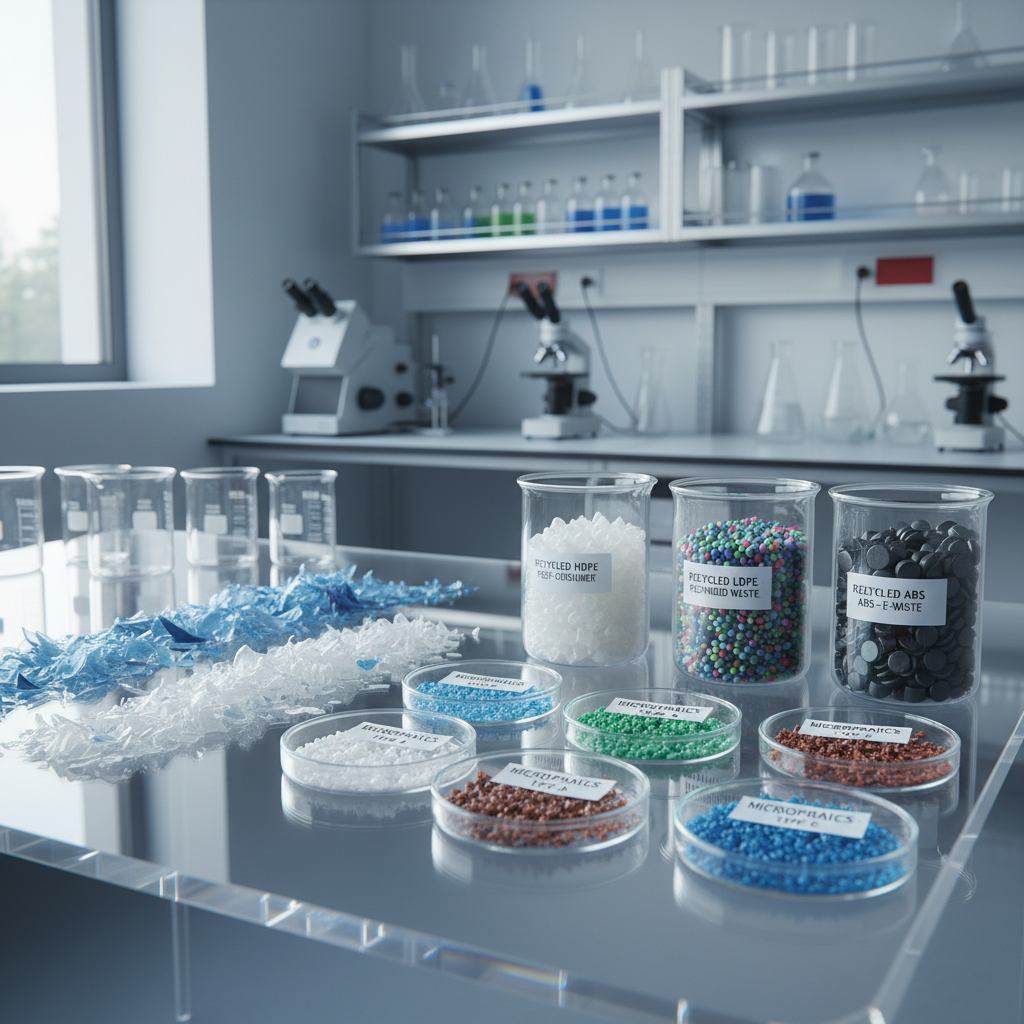 A close-up, photographic-realistic view of a transparent laboratory-style table covered with carefully arranged plastic fragments: shredded PET flakes, sorted microplastics in small glass dishes, and labeled samples of plastic pellets made from recycled waste. The setting is a bright, modern research space with white walls, stainless steel shelving, and neatly stored analysis equipment softly blurred in the background. Cool, diffused daylight from a large side window creates crisp highlights on the plastics and subtle reflections on the glassware. Captured from a slightly elevated angle with shallow depth of field, the composition feels precise, scientific, and professional, emphasizing the transformation of trash into valuable raw material for a cleaner environment.