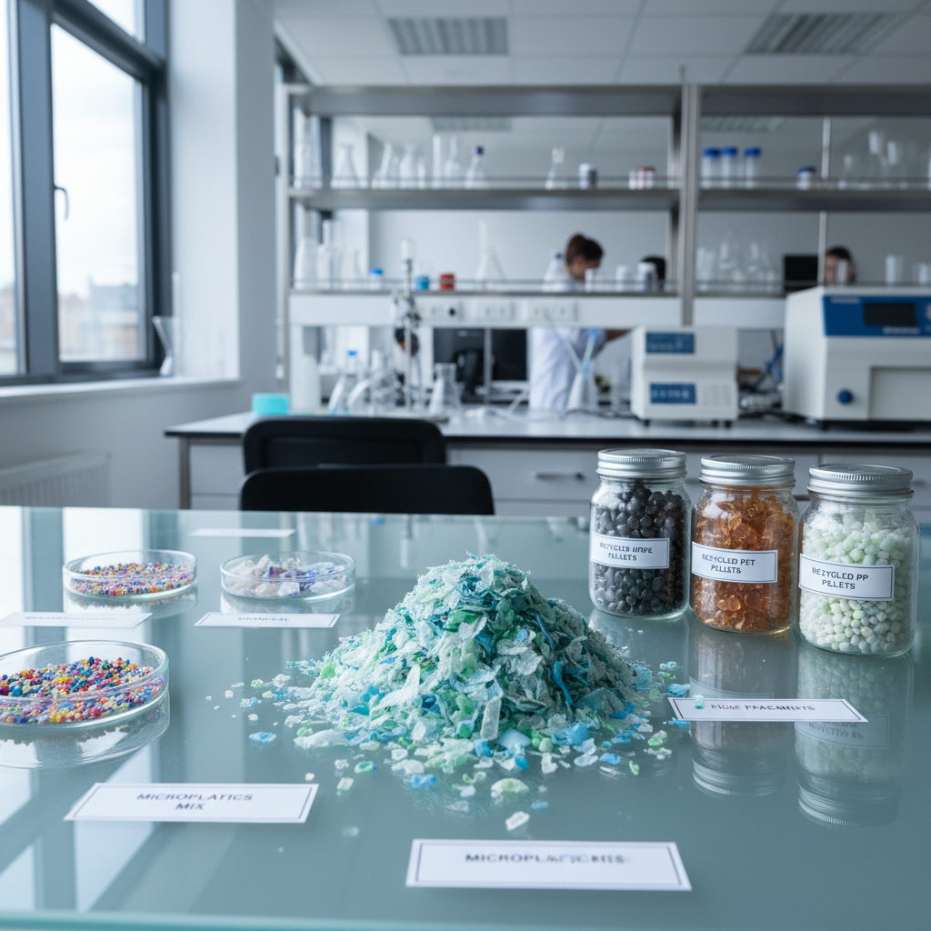 A close-up, photographic-realistic view of a transparent laboratory-style table covered with carefully arranged plastic fragments: shredded PET flakes, sorted microplastics in small glass dishes, and labeled samples of plastic pellets made from recycled waste. The setting is a bright, modern research space with white walls, stainless steel shelving, and neatly stored analysis equipment softly blurred in the background. Cool, diffused daylight from a large side window creates crisp highlights on the plastics and subtle reflections on the glassware. Captured from a slightly elevated angle with shallow depth of field, the composition feels precise, scientific, and professional, emphasizing the transformation of trash into valuable raw material for a cleaner environment.