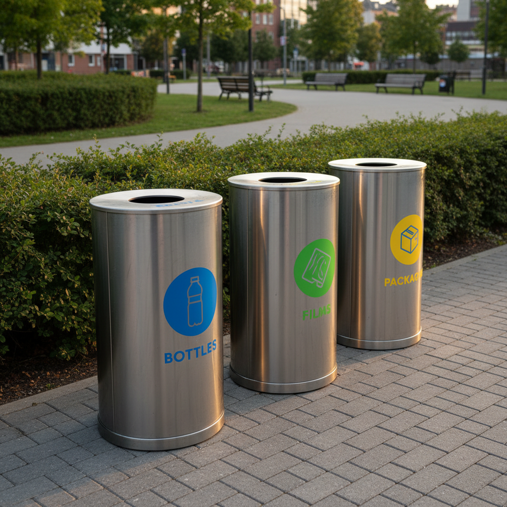 An outdoor collection station featuring several large, clearly labeled containers for different types of plastic waste, each made of clean brushed metal with bold, colored icons of bottles, films, and packaging. The containers stand in a neat row on paving stones, with a backdrop of lush green bushes and a distant view of a calm, litter-free urban park path. Late-afternoon golden light casts soft, elongated shadows and warm reflections on the metal surfaces, creating a hopeful, optimistic mood. Photographic realism at a slightly wide, eye-level angle captures sharp detail throughout, presenting an organized, professional and environmentally conscious system for turning plastic waste into community value.