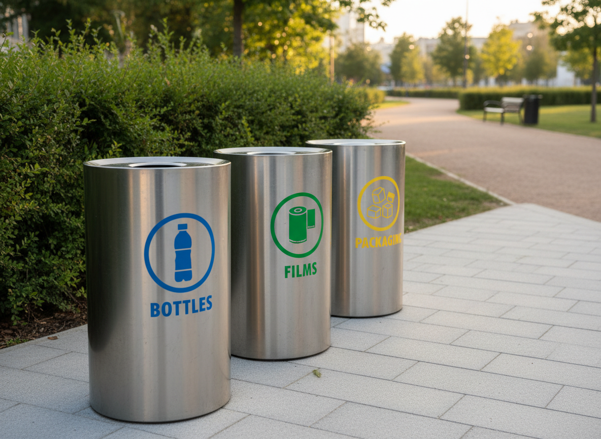 An outdoor collection station featuring several large, clearly labeled containers for different types of plastic waste, each made of clean brushed metal with bold, colored icons of bottles, films, and packaging. The containers stand in a neat row on paving stones, with a backdrop of lush green bushes and a distant view of a calm, litter-free urban park path. Late-afternoon golden light casts soft, elongated shadows and warm reflections on the metal surfaces, creating a hopeful, optimistic mood. Photographic realism at a slightly wide, eye-level angle captures sharp detail throughout, presenting an organized, professional and environmentally conscious system for turning plastic waste into community value.