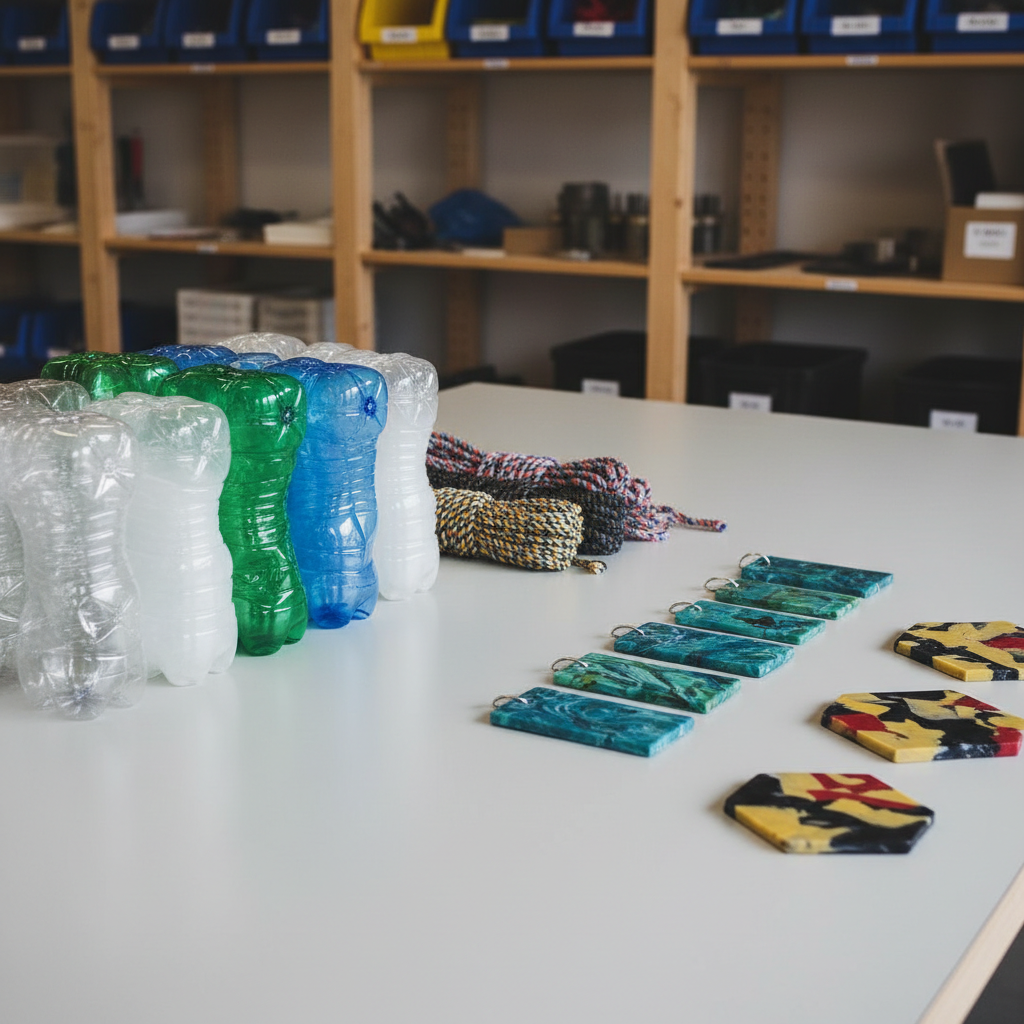 A meticulously organized upcycling workspace table featuring color-sorted stacks of flattened plastic bottles, coils of repurposed plastic rope, and a row of small, finished objects such as durable key tags and simple geometric tiles made from melted plastic waste. The table is a smooth, light-grey surface set against a neutral, softly blurred workshop background with visible shelving and labeled storage boxes. Bright, diffused overhead lighting evenly illuminates every detail, emphasizing textures from smooth polished tiles to slightly rough recycled ropes. Captured from a slightly elevated, three-quarter angle in photographic realism, the composition uses the rule of thirds to lead the eye from raw trash to refined products, conveying a clear, professional sense of circular economy and environmental improvement.