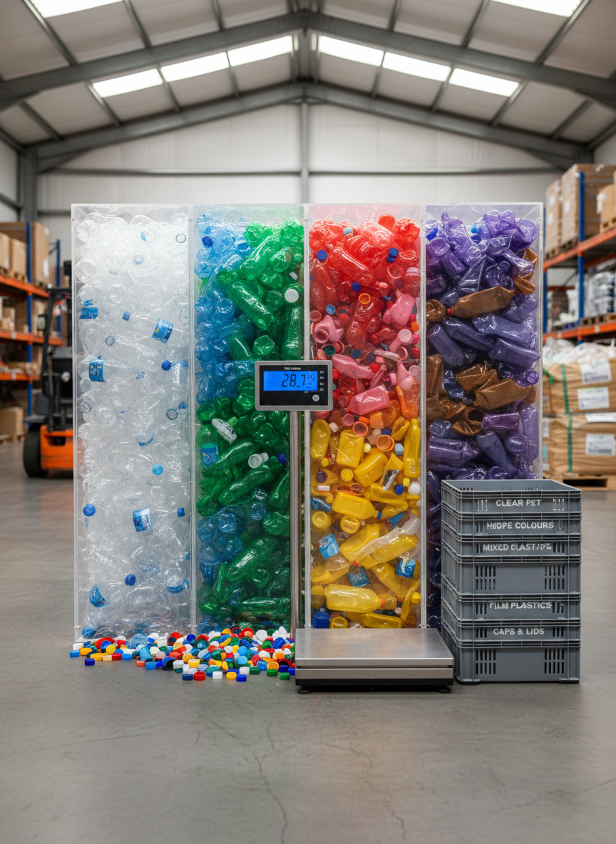 A large, transparent recycling container overflowing with meticulously cleaned plastic bottles, colorful caps, and neatly compressed packaging, all sorted by color into clear sections. The container stands on a smooth concrete surface beside an industrial-scale digital weighing platform and a tidy stack of labeled collection crates. Soft overcast daylight illuminates the scene, reducing harsh shadows and highlighting the varied textures of glossy plastics and matte labels. Shot at eye level in photographic realism with a clean, professional aesthetic, the background falls into a slight bokeh of an organized warehouse, creating a calm, purposeful atmosphere that communicates transformation of plastic waste into measurable value.