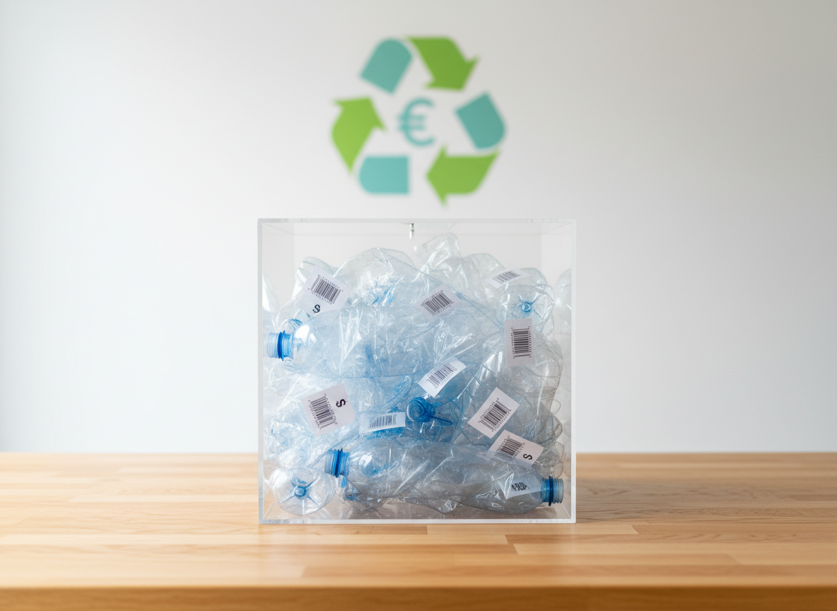 A close, photographic-realistic view of a sturdy, transparent donation box filled with neatly compacted plastic bottles and packaging, interspersed with visible barcoded tags symbolizing collected value. The box rests on a smooth, light-wood counter with a subtle grain, against a clean white wall adorned with a softly blurred graphic logo of a recycling arrow forming a currency symbol. Gentle studio lighting from above and slightly to the side creates clear highlights on the plastic surfaces and soft, controlled shadows beneath the box. Shot straight-on with a balanced composition and moderate depth of field, the atmosphere is professional, trustworthy and inspiring, showcasing how discarded plastic can become a tangible resource for environmental projects.