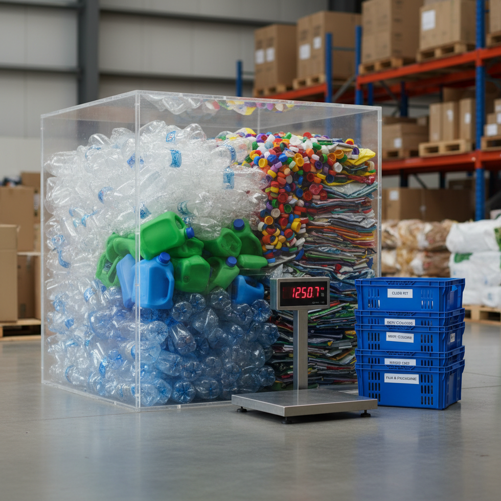 A large, transparent recycling container overflowing with meticulously cleaned plastic bottles, colorful caps, and neatly compressed packaging, all sorted by color into clear sections. The container stands on a smooth concrete surface beside an industrial-scale digital weighing platform and a tidy stack of labeled collection crates. Soft overcast daylight illuminates the scene, reducing harsh shadows and highlighting the varied textures of glossy plastics and matte labels. Shot at eye level in photographic realism with a clean, professional aesthetic, the background falls into a slight bokeh of an organized warehouse, creating a calm, purposeful atmosphere that communicates transformation of plastic waste into measurable value.